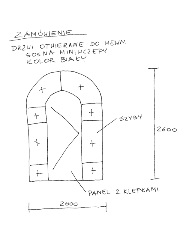 Erste Etappe der Auftragsausführung für untypische Formen der Holzfenster und -türen - Skizze des Kunden.