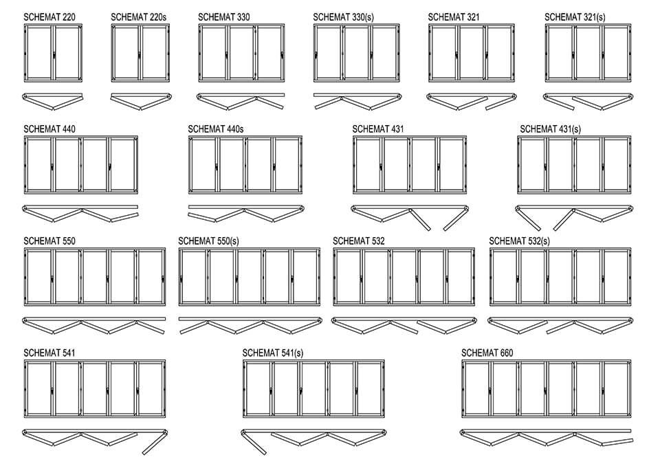 Schemi per l'apertura di ante a libro in legno-alluminio.