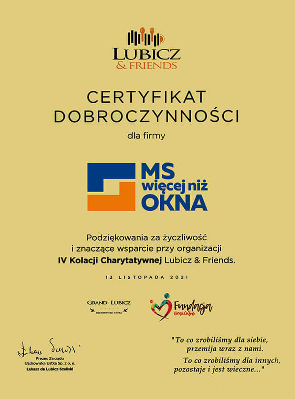 Certyfikat dobroczynności dla MS więcej niż OKNA.