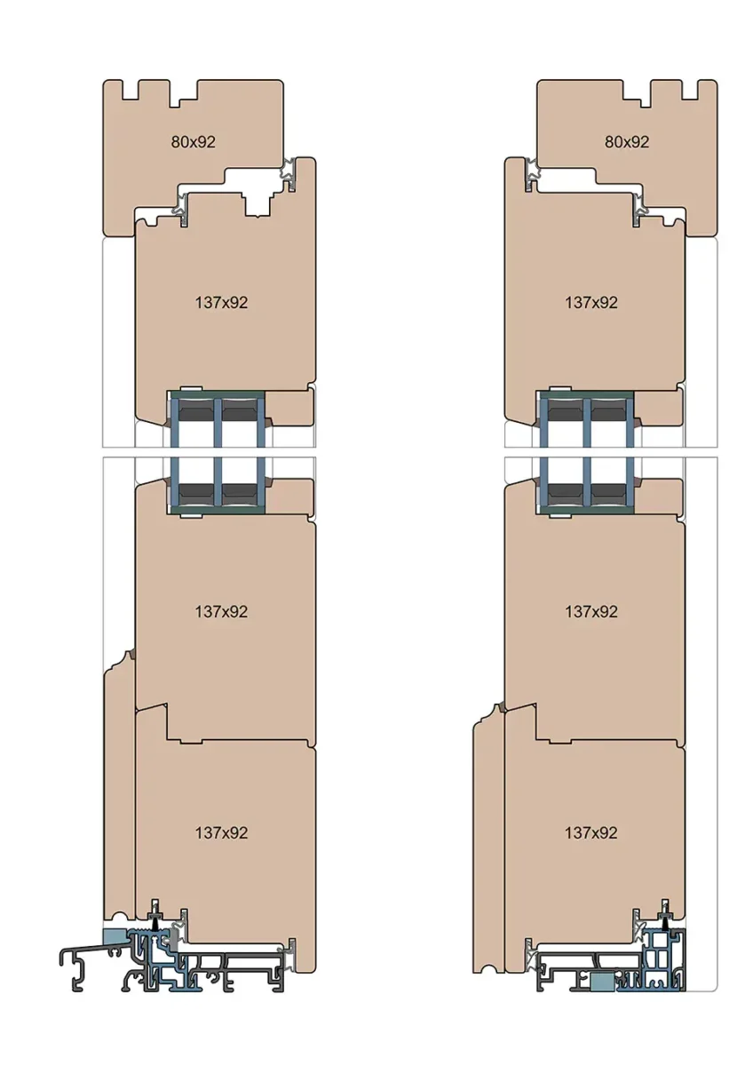 Cross-section of a wooden door with a one-sided slat