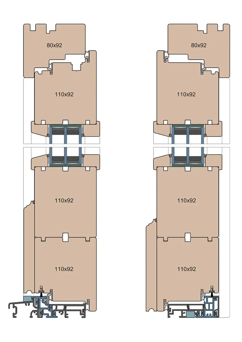 Cross-section of a wooden door with a double-sided lath