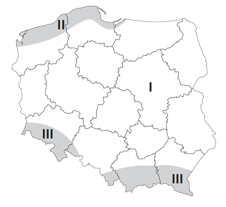 Wind zones in Poland.